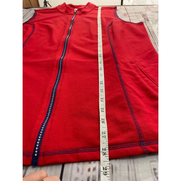 Quacker Factory Vest Womens L French Terry Rhinestone Zip Front Red Mock Neck - Picture 8 of 12